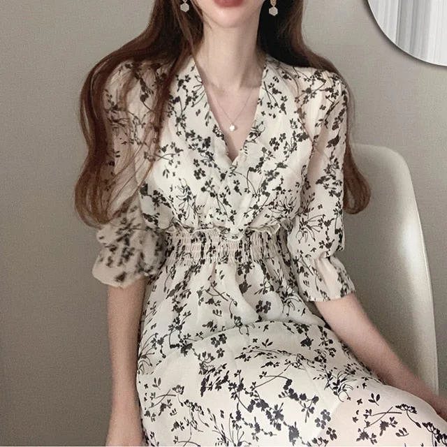 Wjczt Vintage Korea Fashion Clothing Summer Slim Elastic Waist A Line V Neck Elegant Office Lady Floral Chic Chiffon Long Dress Retro Tunics Corduroy durable Wjczt Vintage Korea Fashion Clothing Summer Slim Elastic Waist A Line V Neck Elegant Office Lady Floral Chic Chiffon Long Dress Retro Tunics Corduroy durable