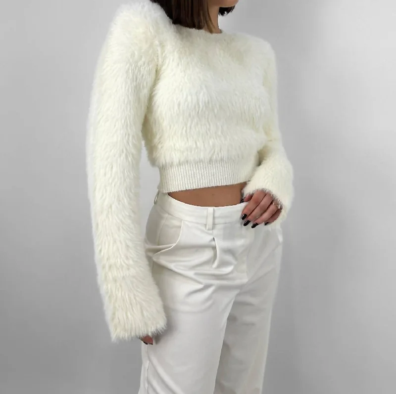 Cropped Wide Sleeve Fuzzy Sweater In Cream Solid Print Embellished