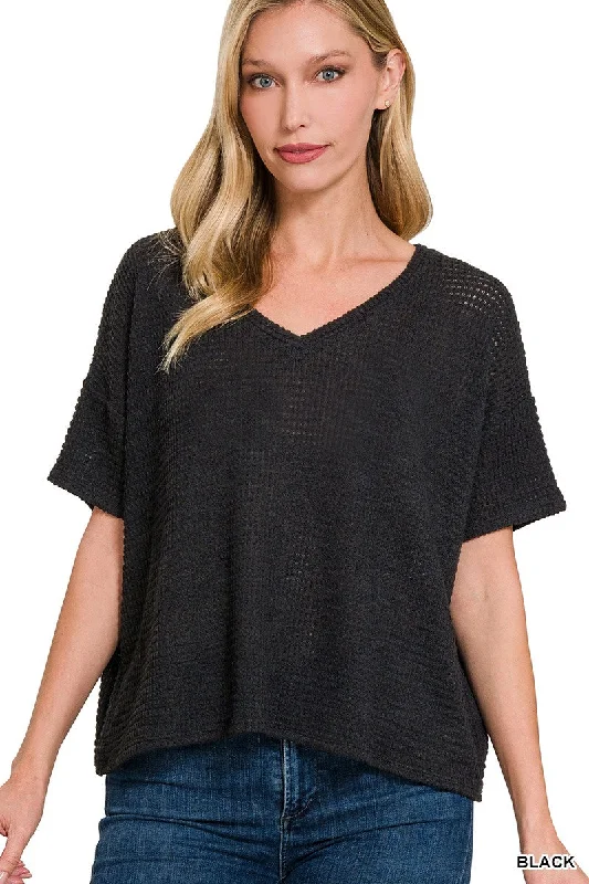 DROP SHOULDER SHORT SLEEVE JACQUARD SWEATER Cashmere Blend Cotton Blend Poly Blend