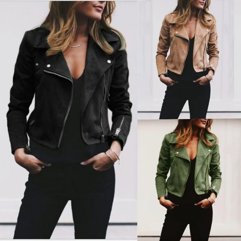 Suede Leather Cropped Jacket Women Autmn Winter Turn-down Collar Zipper Coats Slim Fit Casual Fashion Streetwear Female Outwear Fleece Jacket Down Jacket Parka