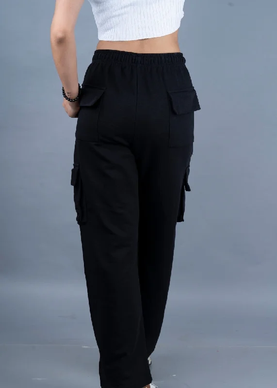 Women Premium Terry Cargo Pants - Black Relaxed Lounge Trousers