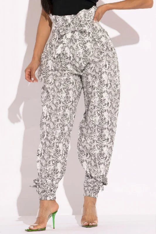 Snake Skin Printed Paper Bag Style Cargo Pants Relaxed Linen Pants