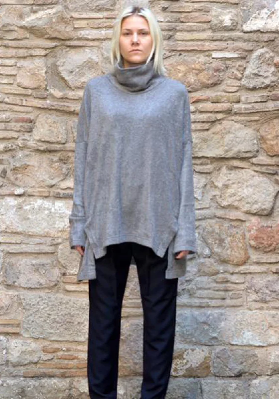 UJOH TURTLE NECK KNIT TUNIC SWEATER GREY Transparent Opaque Sheer