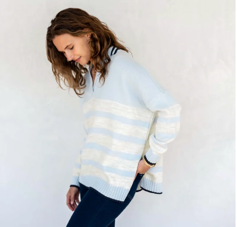 D Marina Polo Sweater - Sky + Sea Salt Zippered Front Buttoned Front Snap Front