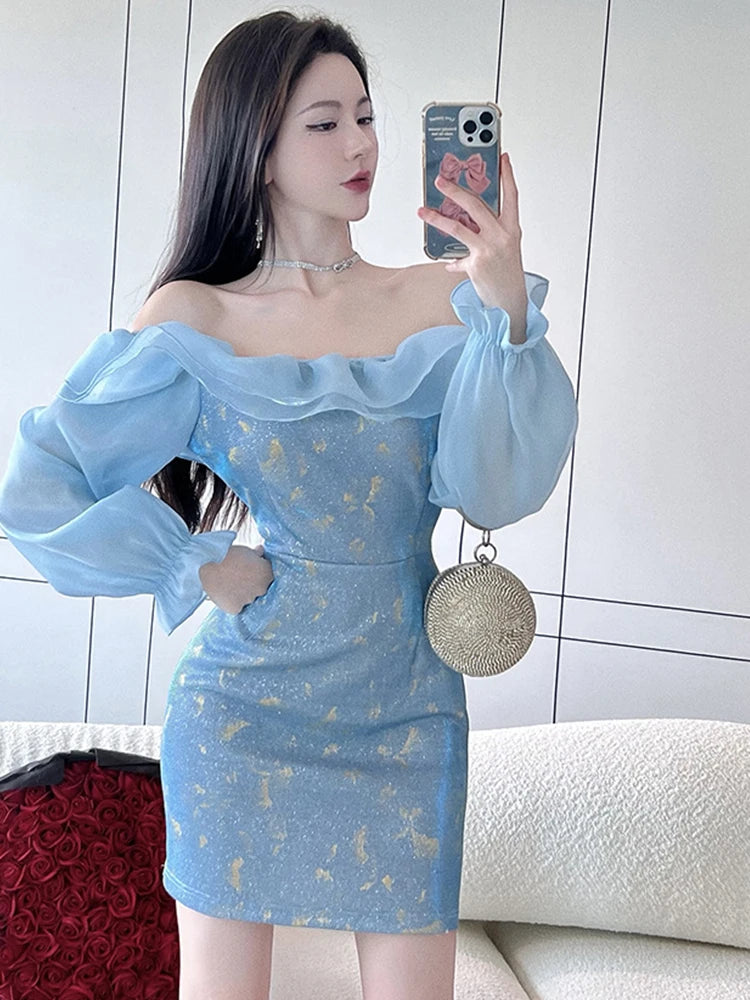 Wjczt New Chiffon Spring Autumn Women Evening Dress Fairy Chic Floral Sexy Off-Shoulder Silm Mini Party Club Prom Beach Mujer Vestidos Tunics Fashionable trendy