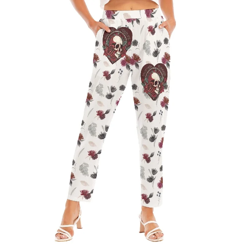 Women's Skull Heart Red Roses Loose Straight-leg Pants Trendy Work Pants