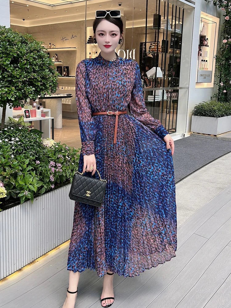 Wjczt Runway Leopard Print Long Pleated Dress Women 2024 Spring Elegant Designer Long Sleeve Vintage Bohemian Holiday Vestidos Tunics Silk luxurious