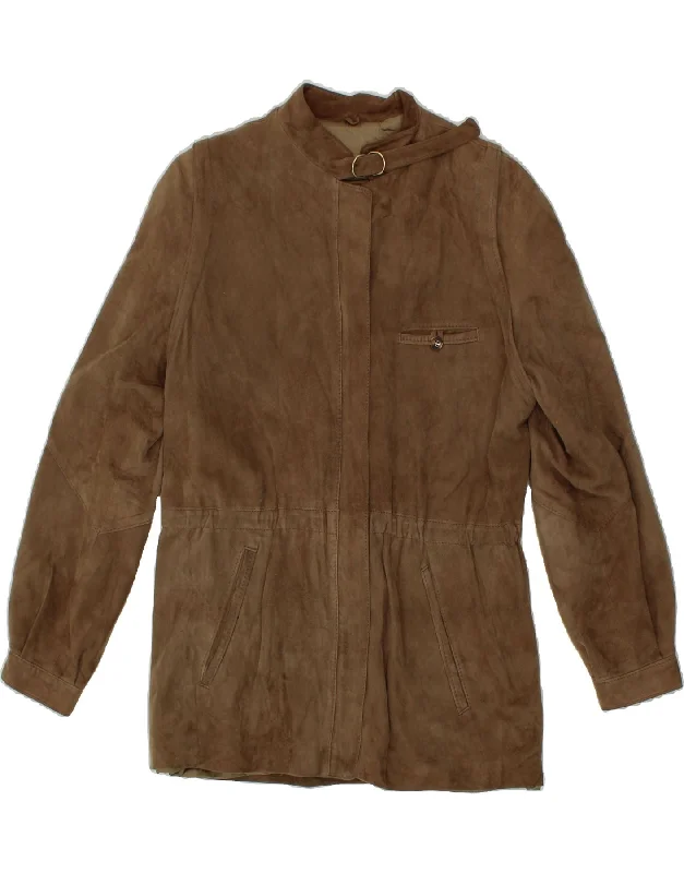 VINTAGE Womens Suede Jacket IT 46 Large Brown Leather Stand-Up Collar Roll-Neck Collar Turtle Neck VINTAGE Womens Suede Jacket IT 46 Large Brown Leather Stand-Up Collar Roll-Neck Collar Turtle Neck