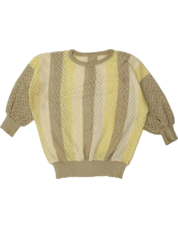 VINTAGE Womens Boat Neck Jumper Sweater UK 14 Medium Beige Striped Knit Fabric Woven Fabric Fleece Fabric