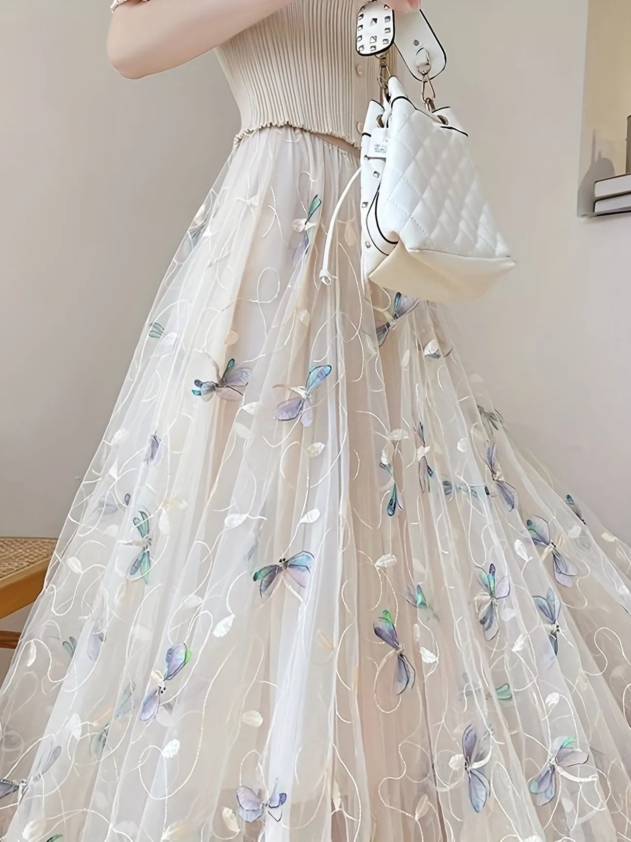 White Dragonfly Tulle Maxi Skirt patchwork skirt art