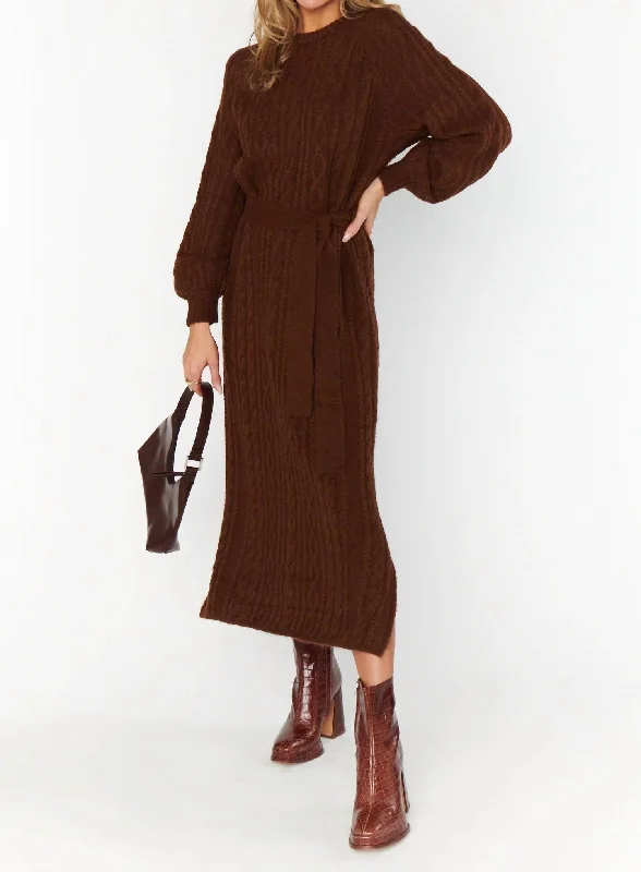 Barb Sweater Dress In Chocolate Cable Knit Cashmere Blend Cotton Blend Poly Blend