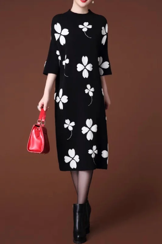 Cute Flower Oversized Sweater Dress Open Front Closed Front Wrap Front