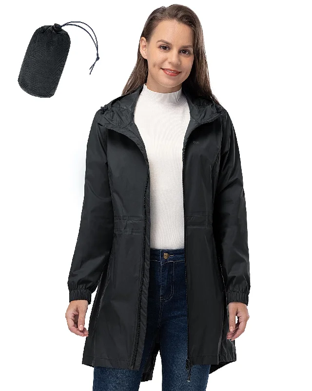 Women's Packable Long Rain Jacket with 2 Pockets: 0.55 lbs 3000mm W/P Index 2000 Level Breathable Insulated Jacket Fitted Jacket Loose Jacket