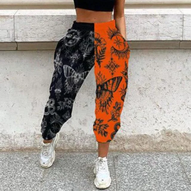 Women's Casual Black & Orange Print Elastic Waist Pocket Wide Leg Pants Fashionable Track Pants Women's Casual Black & Orange Print Elastic Waist Pocket Wide Leg Pants Fashionable Track Pants