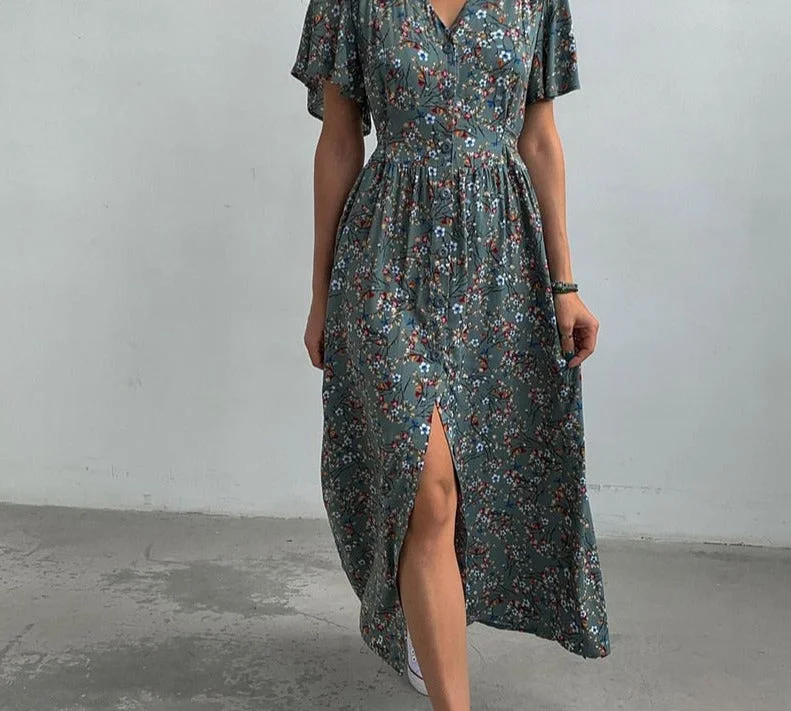 Wjczt Summer Floral Split Dresses Women Sexy V Neck Beam Waist Single-breasted Long Dress Female Elegant Loose Pink Dress Boatneck Modish Everyday