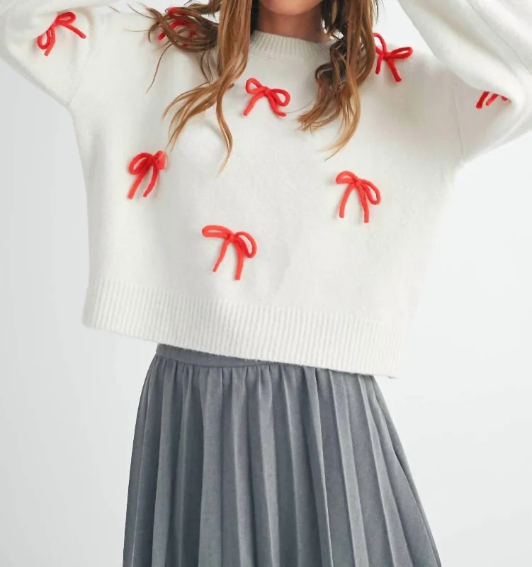 Bow Detailed Brushed Sweater In Off White/red Solid Color Striped Floral Print