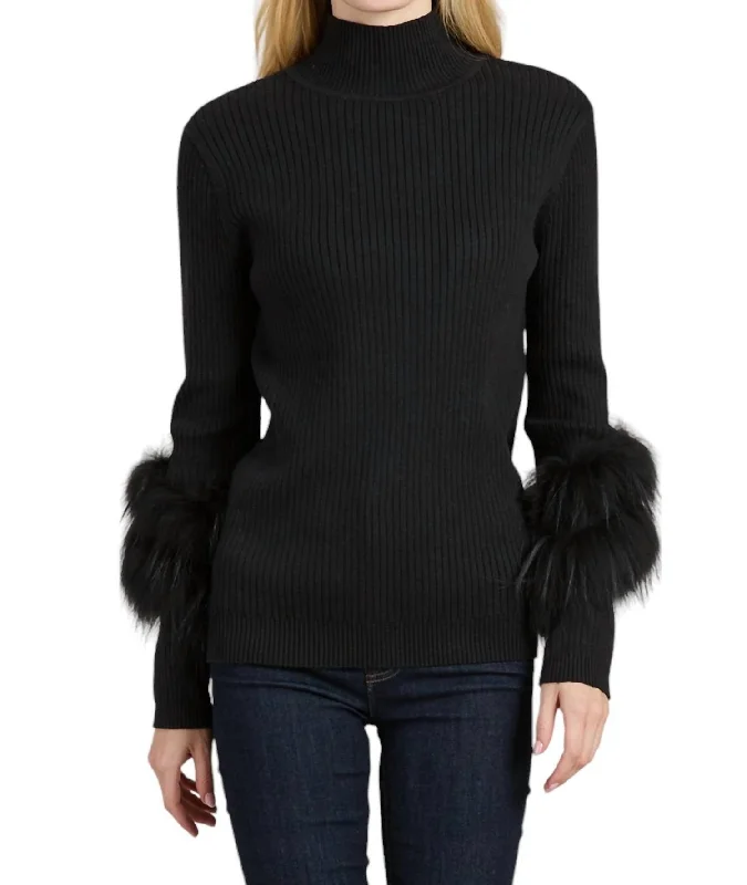 Cashmere Mock Neck With Fur Sweater In Black Hooded Caped Shawl Collar