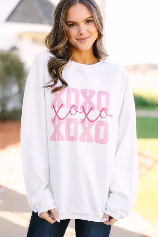 XOXO White Corded Graphic Sweatshirt Hoodie with Hem Raw Edge Edgy Unfinished