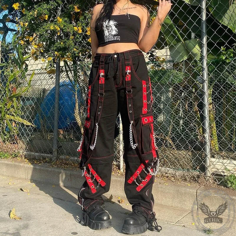 Chain Design Polyester Cargo Pants Casual Wide Pants