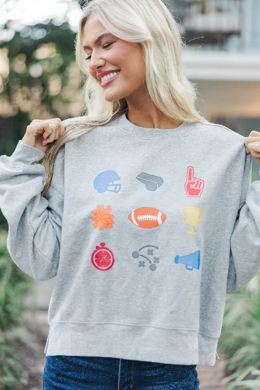 Game Day Icons Heather Grey Graphic Sweatshirt Hoodie with Hem Lace Feminine Delicate