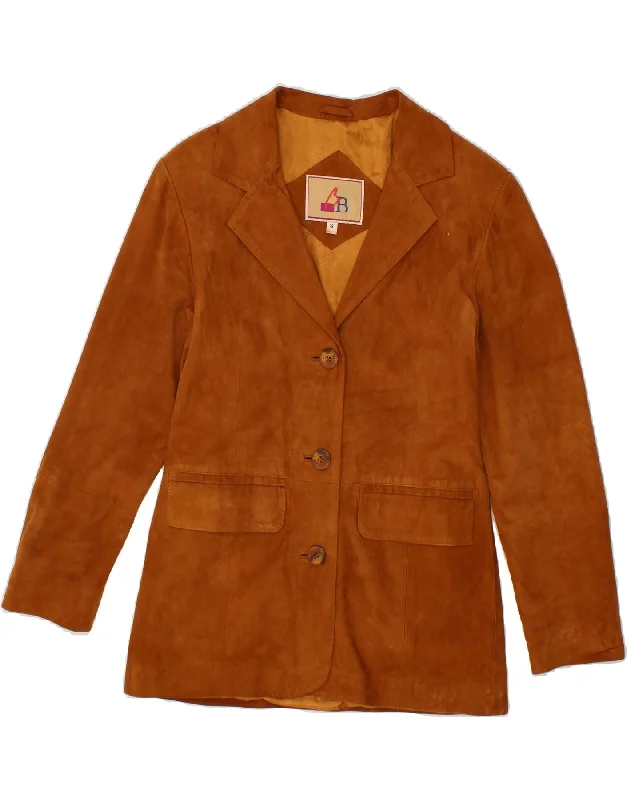 VINTAGE Womens Suede Jacket UK 10 Small Brown Hoodie Zip-Up Jacket Button-Up Jacket