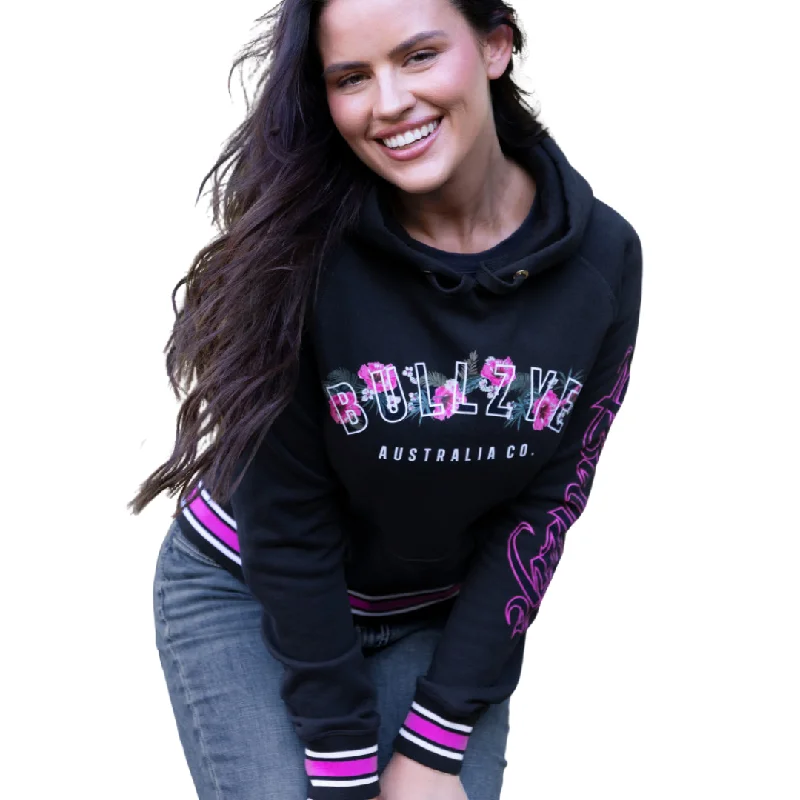 Bullzye Womens Tropics Pullover Hoodie - BLACK Hoodie with Puffed Sleeves Voluminous Trendy