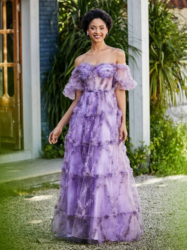 Floral Boho Off Shoulder Ruffle Skirt Tulle Gown Lilac denim skirt fashionable