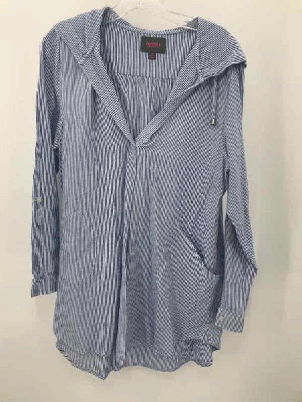Pre-Owned For Cynthia Blue Size Medium Stripe Hoodie Sweater Hoodie with Exposed Zipper Edgy Industrial Pre-Owned For Cynthia Blue Size Medium Stripe Hoodie Sweater Hoodie with Exposed Zipper Edgy Industrial