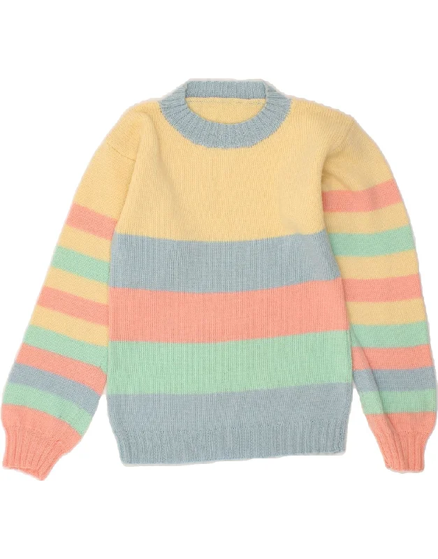 VINTAGE Womens Crew Neck Jumper Sweater UK 10 Small Multicoloured Striped Fleece Sweater Nylon Polyester