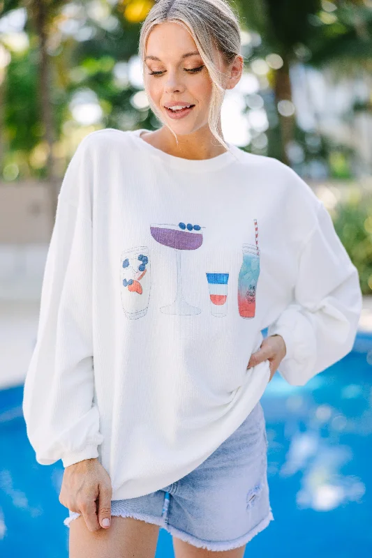 American Spirit White Graphic Corded Sweatshirt Hoodie with Hem Fringe Bohemian Relaxed