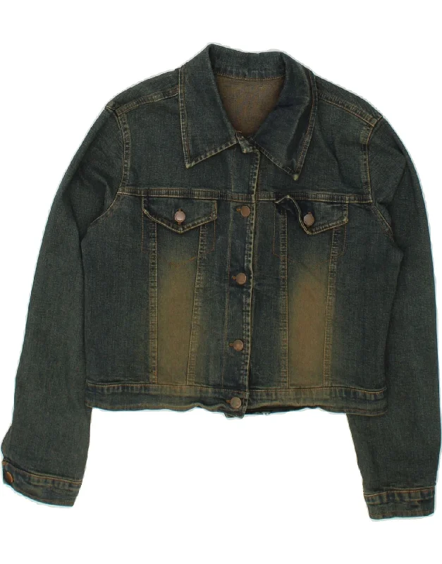 VINTAGE Womens Crop Denim Jacket IT 42 Medium Blue Cotton Wool Fabric Cashmere Fabric Tweed Fabric VINTAGE Womens Crop Denim Jacket IT 42 Medium Blue Cotton Wool Fabric Cashmere Fabric Tweed Fabric