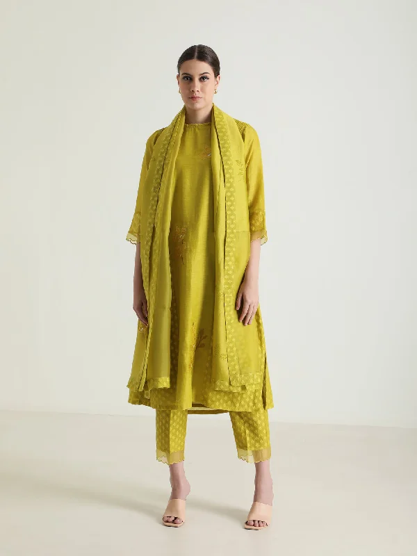 Chartruese Tunic In Brocade And Straight Pants With Dupatta Formal Slim Pants