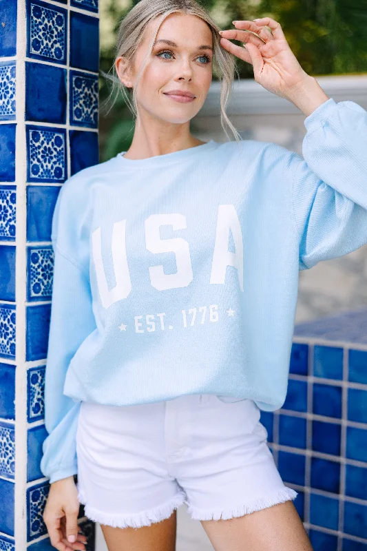 Est. 1776 Baby Blue Graphic Corded Sweatshirt Hoodie with Hem Lace Feminine Delicate