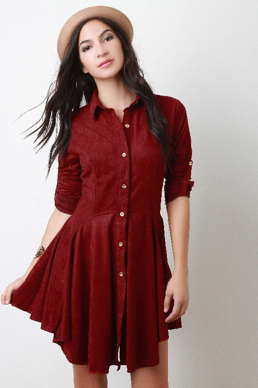 Suede Long Sleeves Button-Up Flared Dress Tunics Fall fleece