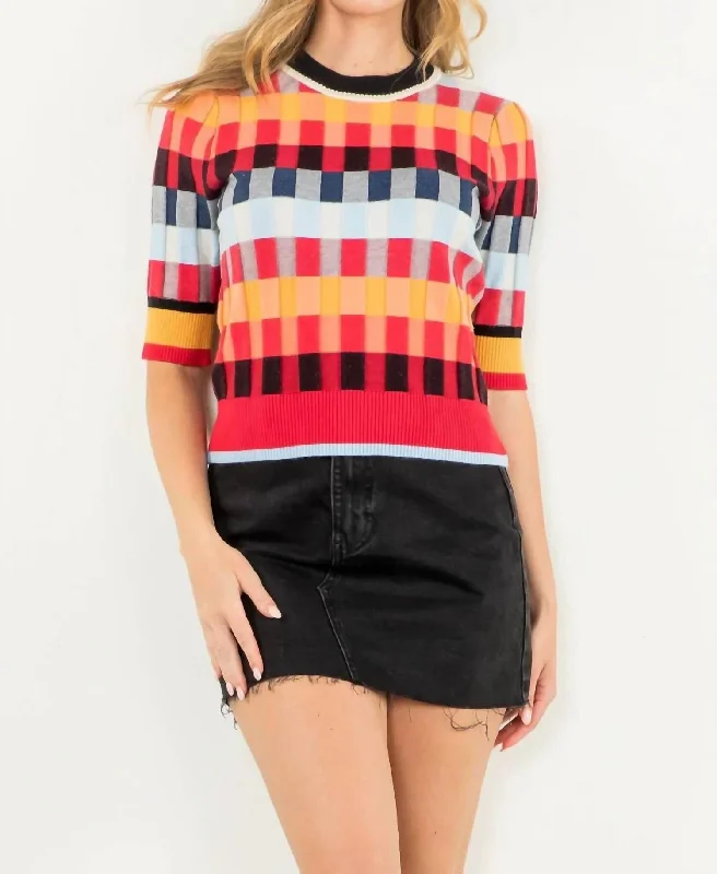 Short Sleeve Colorblock Sweater In Red Multi Lightweight Heavyweight Midweight