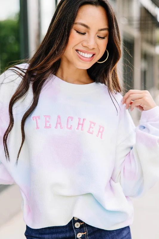 Teacher Pink Tie Dye Corded Embroidered Sweatshirt Hoodie with Applique Textured Unique