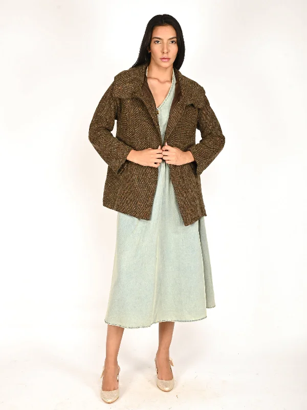 Odette Green And Brown Tweed Trapeze Jacket For Women Nylon Fabric Polyester Fabric Spandex Fabric