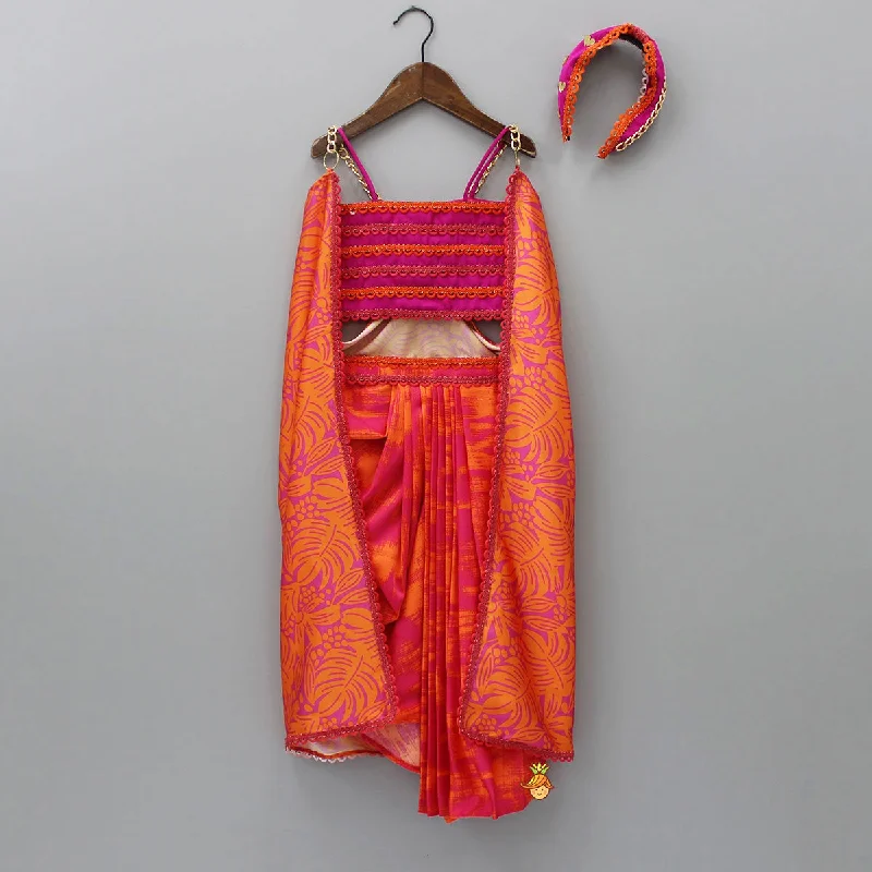 Pre Order: Dual-Colour Top And Stylish Dhoti Skirt With Matching Cape And Hairband wool skirt warm