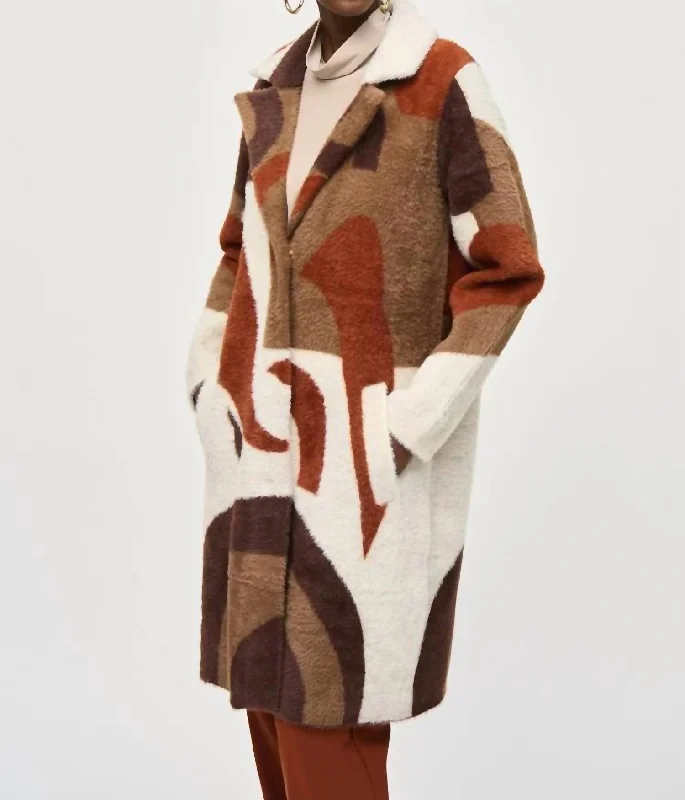 Joseph Ribkoff Long Sweater Coat In Cinnamon Toggled Drawstring Belted