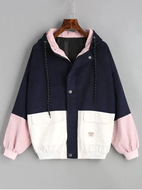 Navy Pink Hooded Color Block Corduroy Jacket Snapped Jacket Toggled Jacket Drawstring Jacket Navy Pink Hooded Color Block Corduroy Jacket Snapped Jacket Toggled Jacket Drawstring Jacket