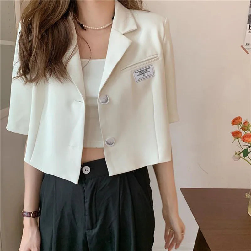 Short Sleeve Blazer Jacket Ladies Summer 2024 New Thin Notched Collar Suit Coat Women Casual Wild Black White Short Outwear Tops Stand-Up Collar Roll-Neck Collar Turtle Neck