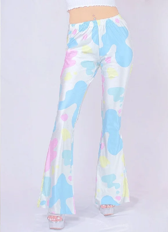 Pastel Cow Print Flare Pants Chic Checkered Pants