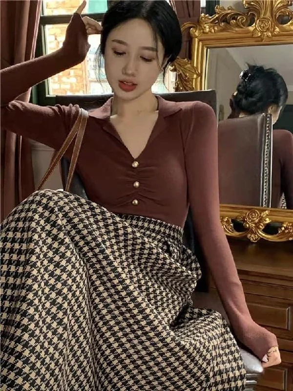 Women High Waist Tweed Plaid Skirt And Top M B-44330 mini skirt trendy