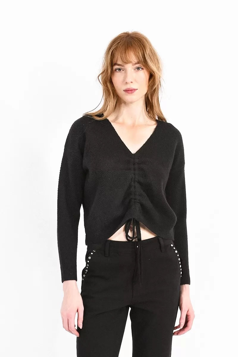 Black Ruched V-Neck Sweater Stylish Fashionable Trendy