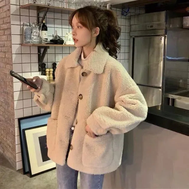 Petitefleece-lined Thickened Sheep Fleece Jacket Women's Autumn/winter 2024 New Style Loose-fit Sweatshirt Versatile Students Welt Pockets Slit Pockets Flap Pockets