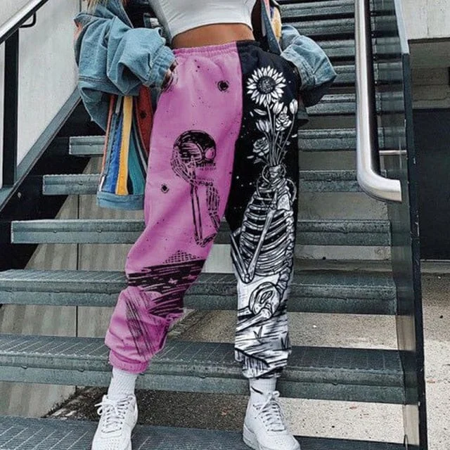 Women's Casual Pink & Black Skull Print Elastic Waist Pocket Wide Leg Pants Casual Lounge Pants Women's Casual Pink & Black Skull Print Elastic Waist Pocket Wide Leg Pants Casual Lounge Pants