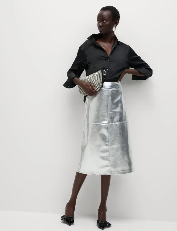 Leather Look Metallic Midi A-Line Skirt belted skirt waist