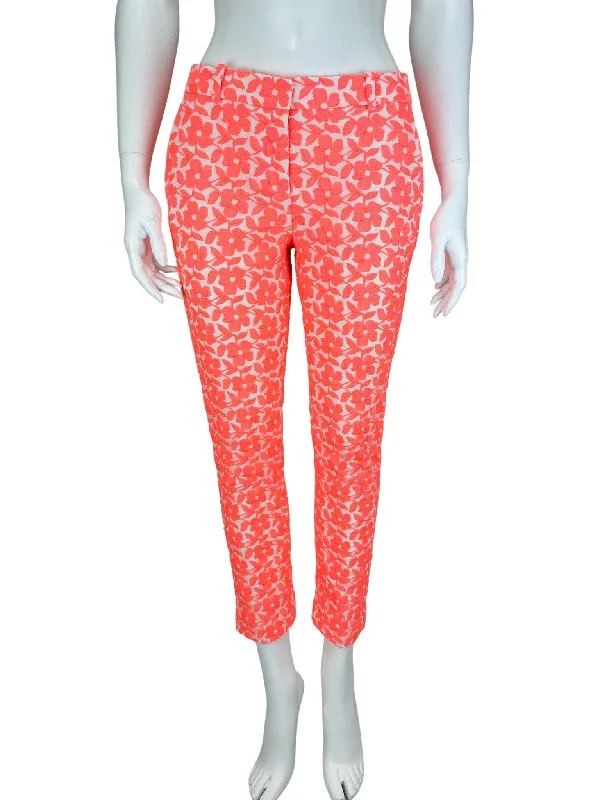 J. Crew Collection, Women's Floral Embroidered Ankle Pant, White/Bright Coral, Size 00 Formal Stretch Pants