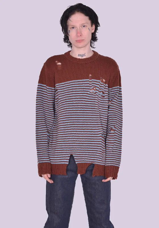 CHARLES JEFFREY LOVERBOY CJLSS23MSJ1 MEGA SHRED STRIPE KNIT SWEATER BROWN/BLUE Elegant Classic Vintage CHARLES JEFFREY LOVERBOY CJLSS23MSJ1 MEGA SHRED STRIPE KNIT SWEATER BROWN/BLUE Elegant Classic Vintage