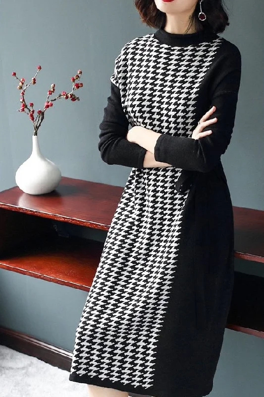 Houndstooth Sweater Dress Solid Color Striped Floral Print